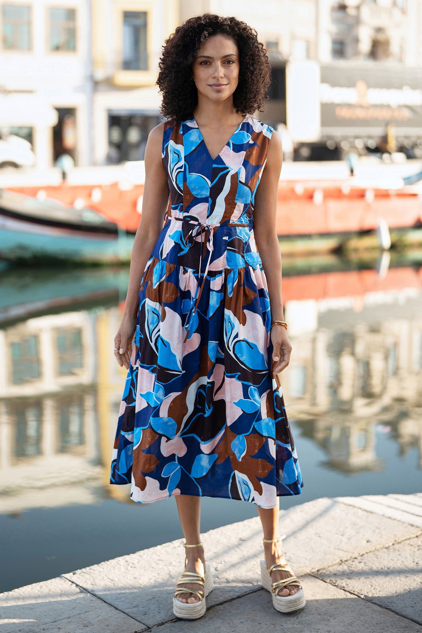 Yumi Blue Cotton Floral Abstract Dropped Waist Midi Dress