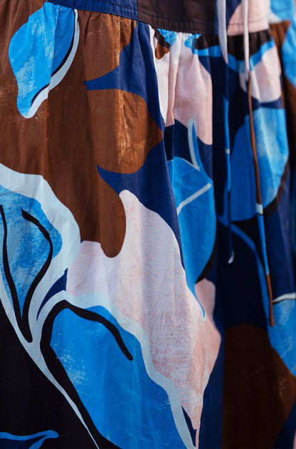 Yumi Blue Cotton Floral Abstract Dropped Waist Midi Dress