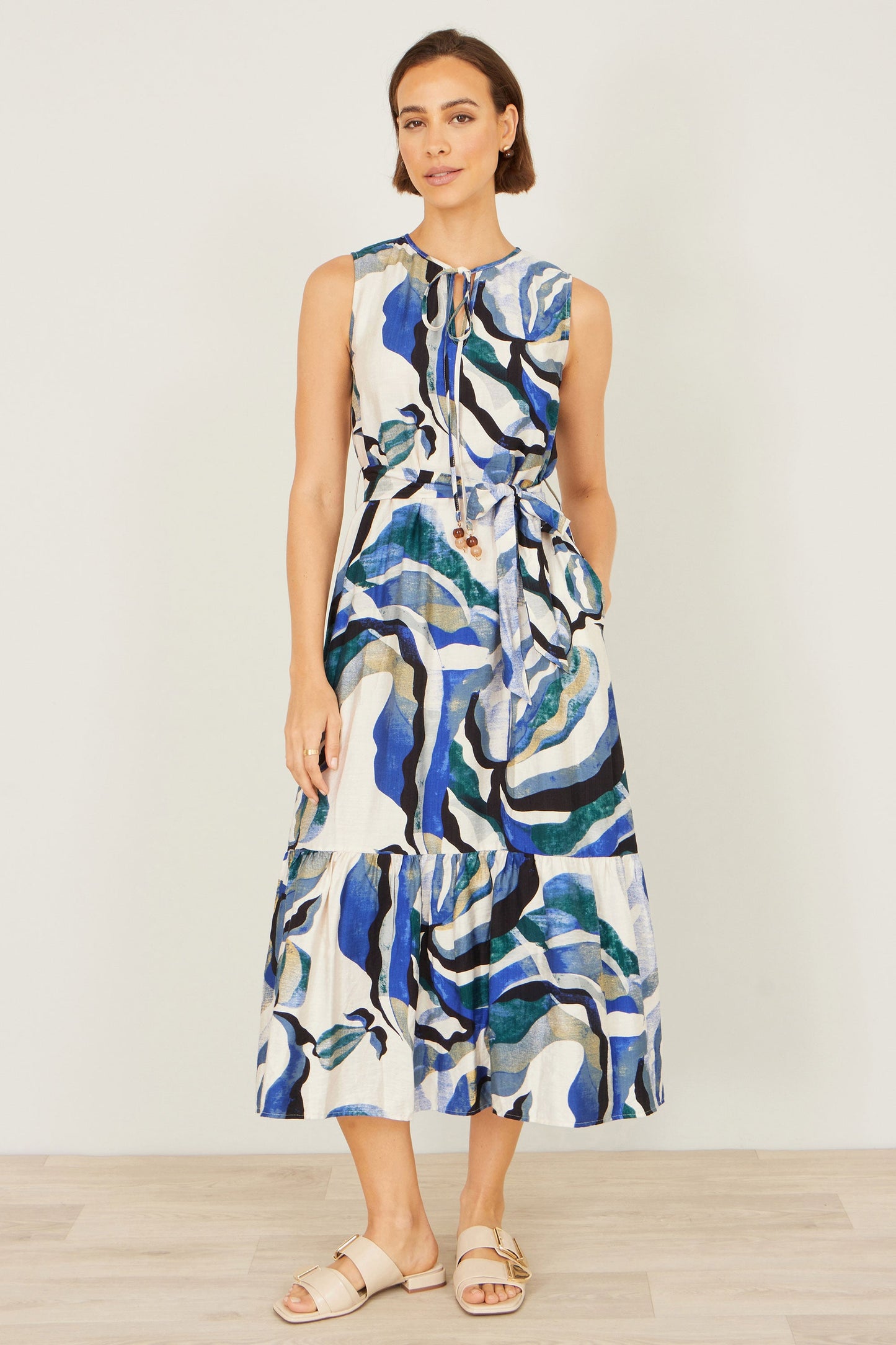 Yumi Blue Viscose Swirl Print Midi Dress