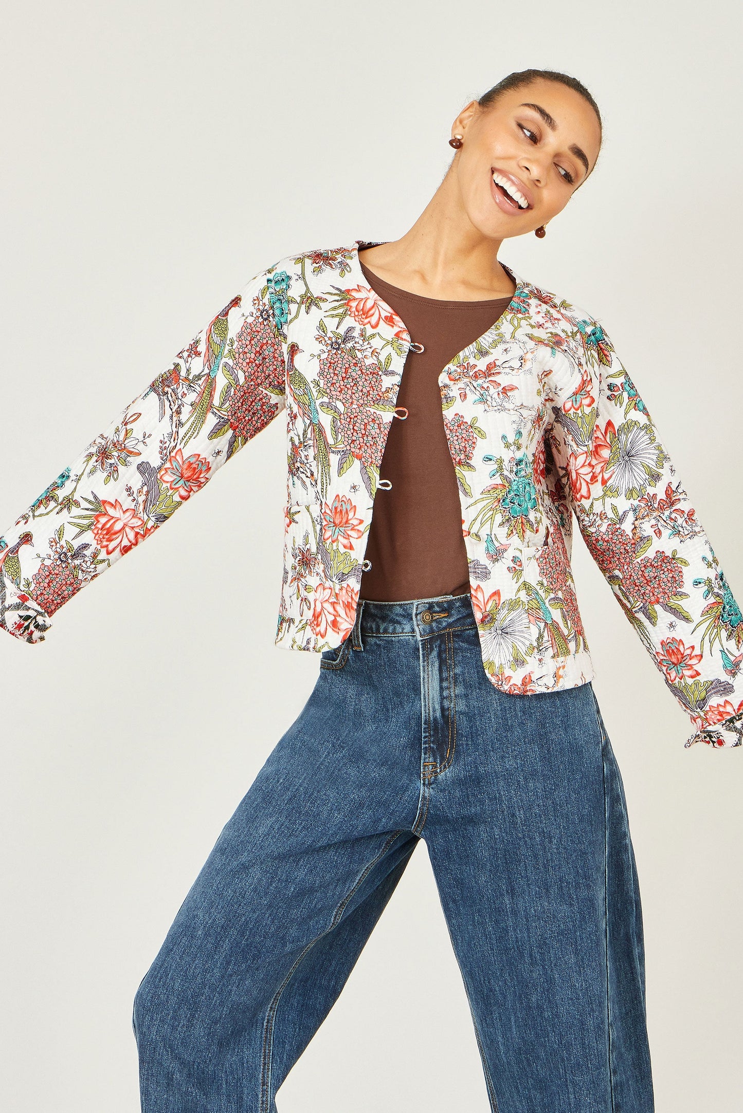 Yumi White Peacock Print Reversible Cotton Quilted Jacket