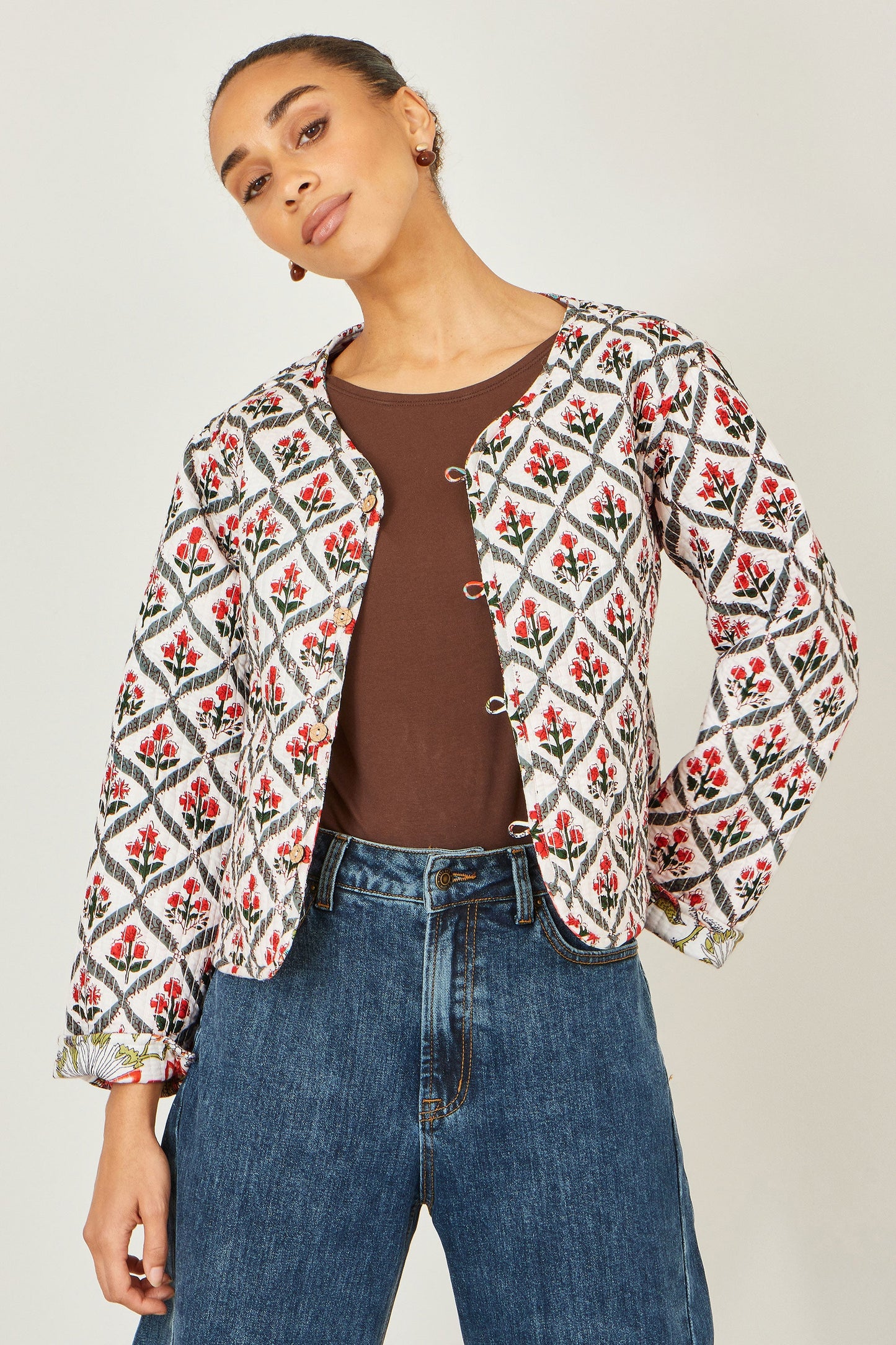 Yumi White Peacock Print Reversible Cotton Quilted Jacket