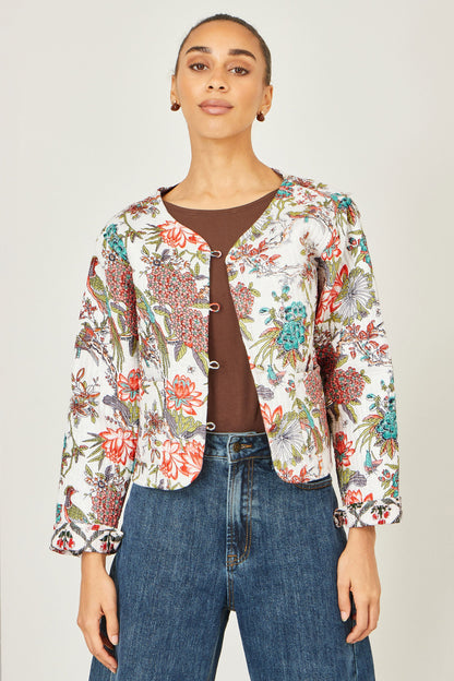 Yumi White Peacock Print Reversible Cotton Quilted Jacket