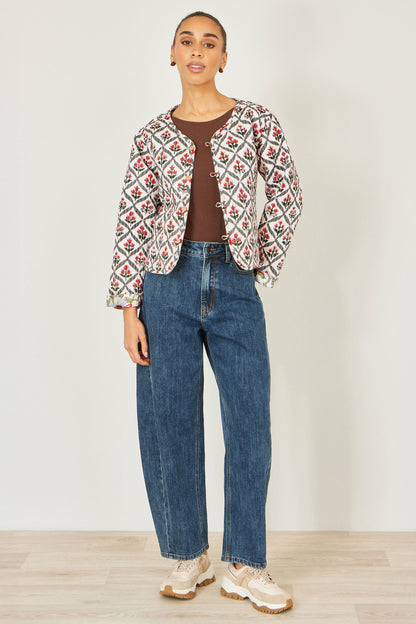 Yumi White Peacock Print Reversible Cotton Quilted Jacket