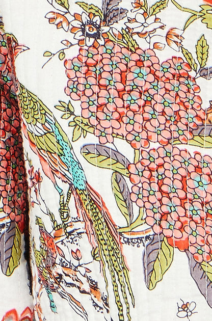 Yumi White Peacock Print Reversible Cotton Quilted Jacket