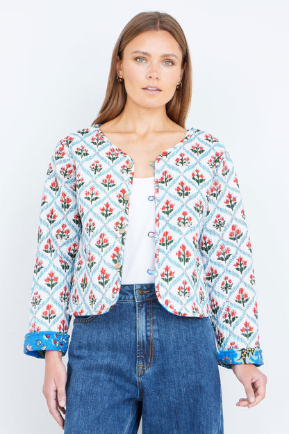 Yumi Blue Boho Print Cotton Reversible Quilted Jacket