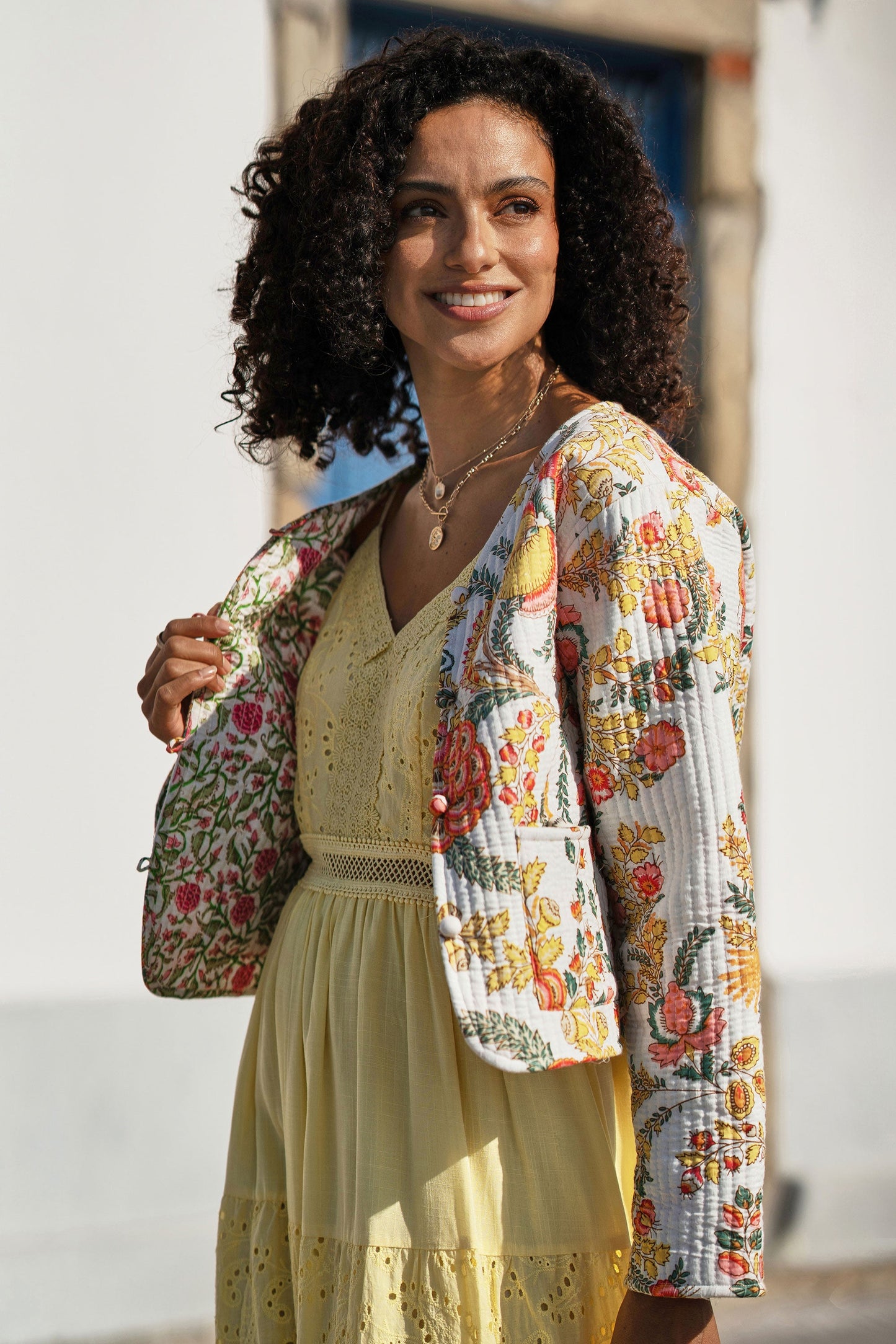 Yumi White Boho Print Cotton Reversible Quilted Jacket