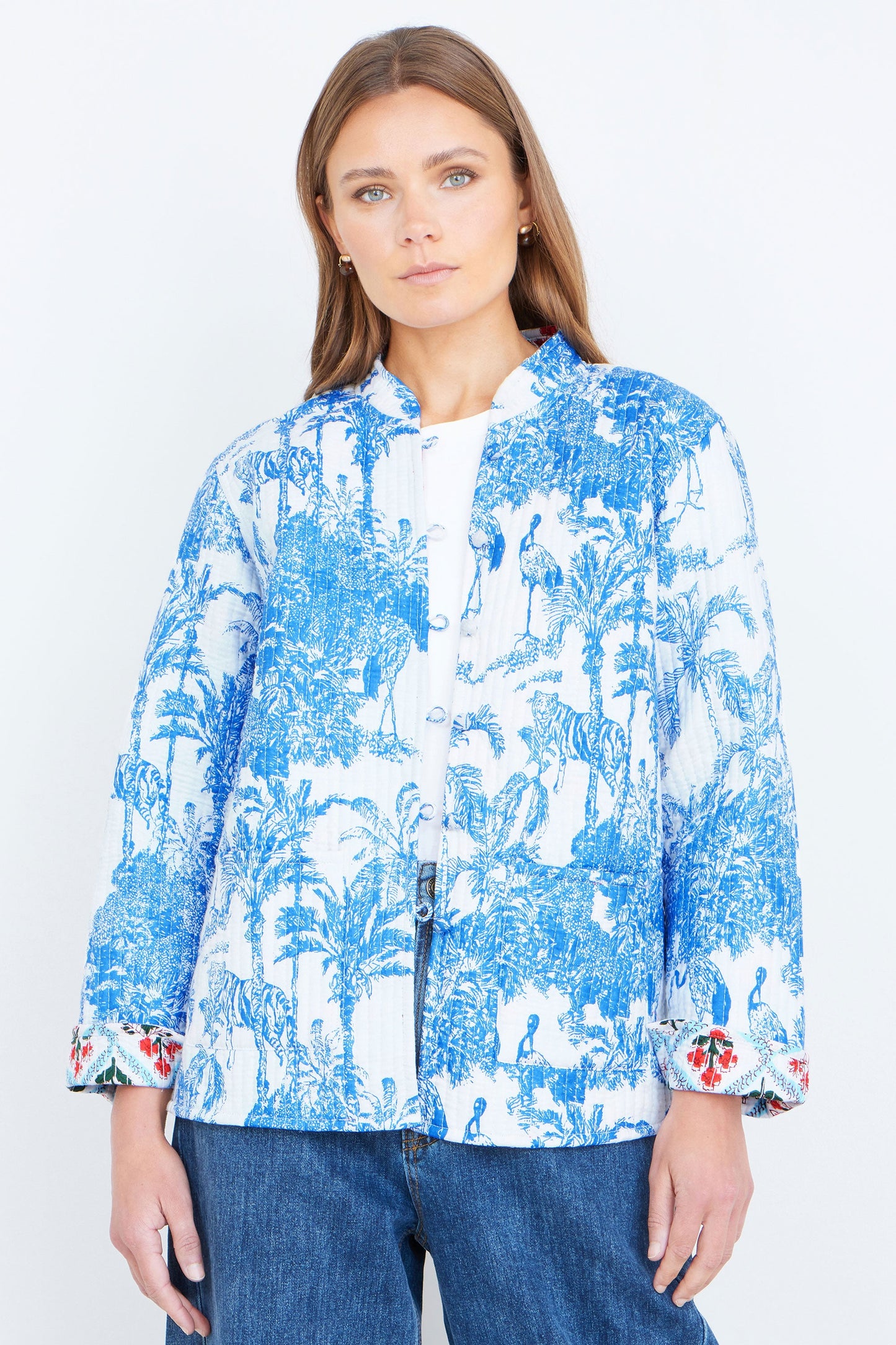 Yumi Blue Palm Reversible Cotton Quilted Jacket