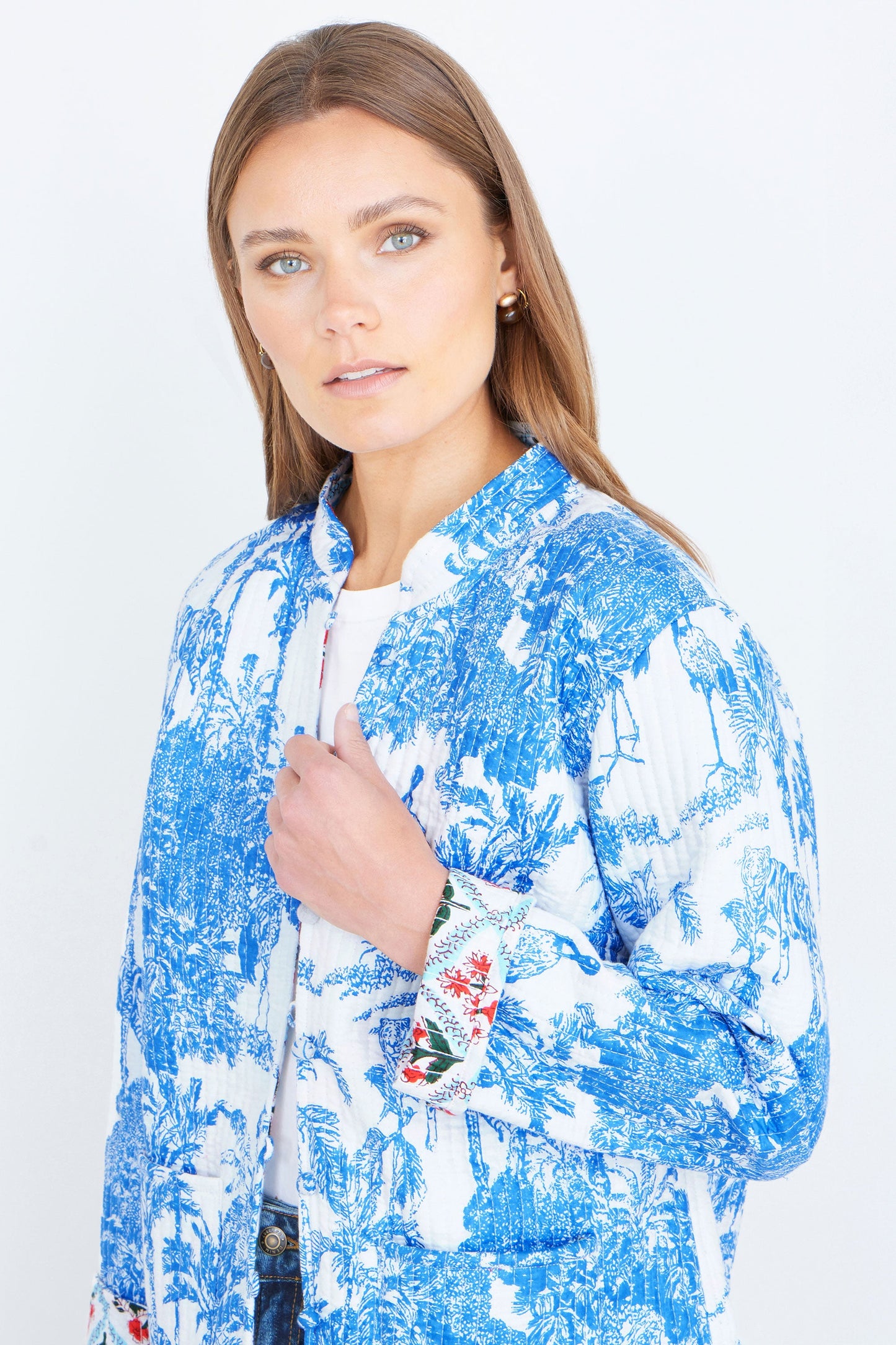 Yumi Blue Palm Reversible Cotton Quilted Jacket