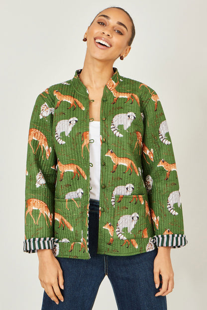Yumi Green Fox Print Reversible Cotton Quilted Jacket
