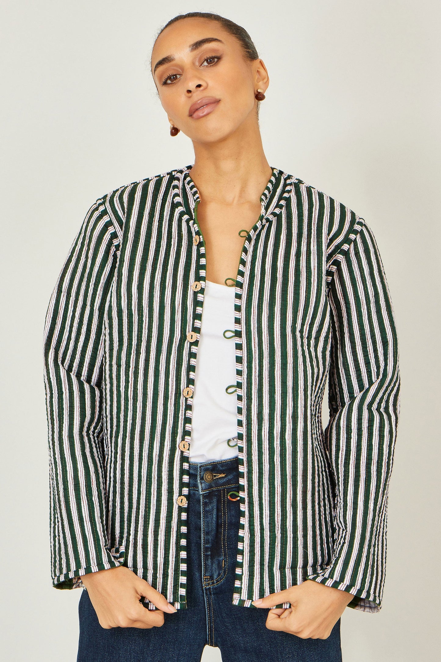 Yumi Green Fox Print Reversible Cotton Quilted Jacket