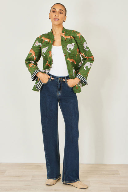Yumi Green Fox Print Reversible Cotton Quilted Jacket