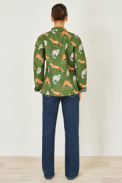 Yumi Green Fox Print Reversible Cotton Quilted Jacket
