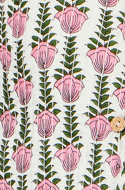 Yumi White Botanical Print Reversible Cotton Quilted Jacket