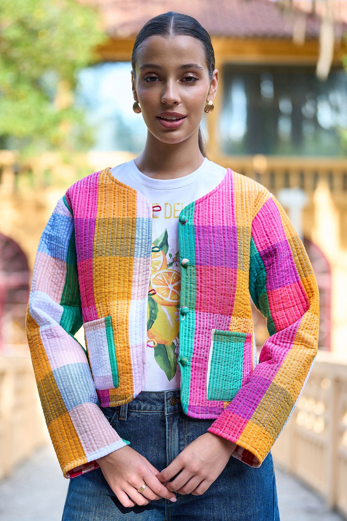 Yumi Multicolour Checked Cropped Reversible Cotton Quilted Jacket