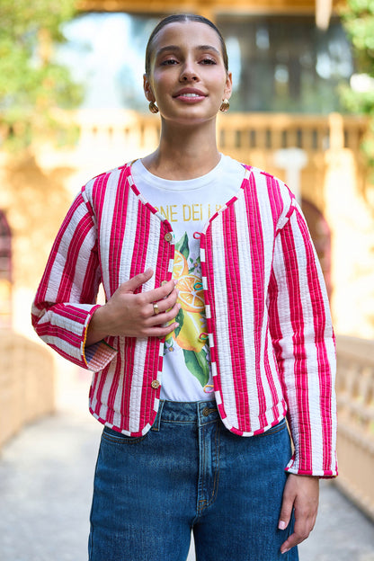 Yumi Multicolour Checked Cropped Reversible Cotton Quilted Jacket