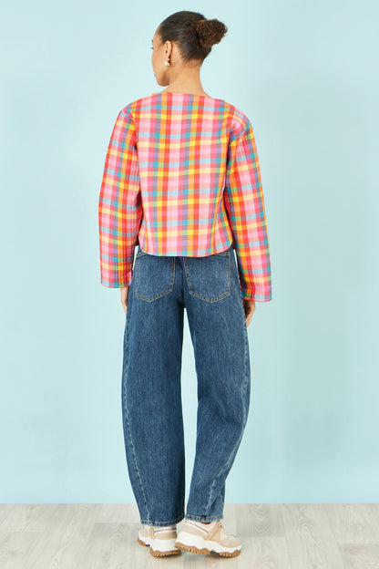 Yumi Multicolour Checked Reversible Cotton Quilted Jacket