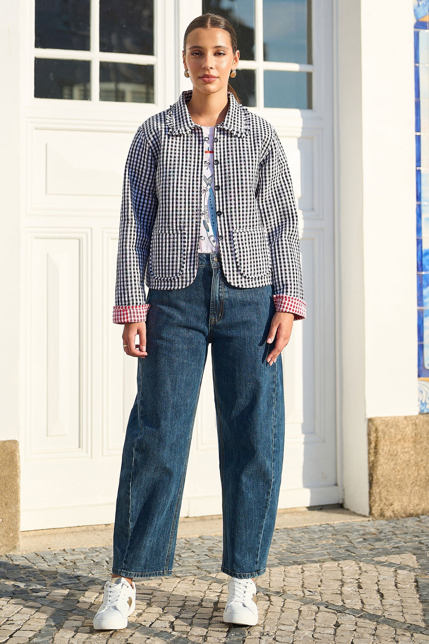 Yumi Black Gingham Frill Collar Jacket