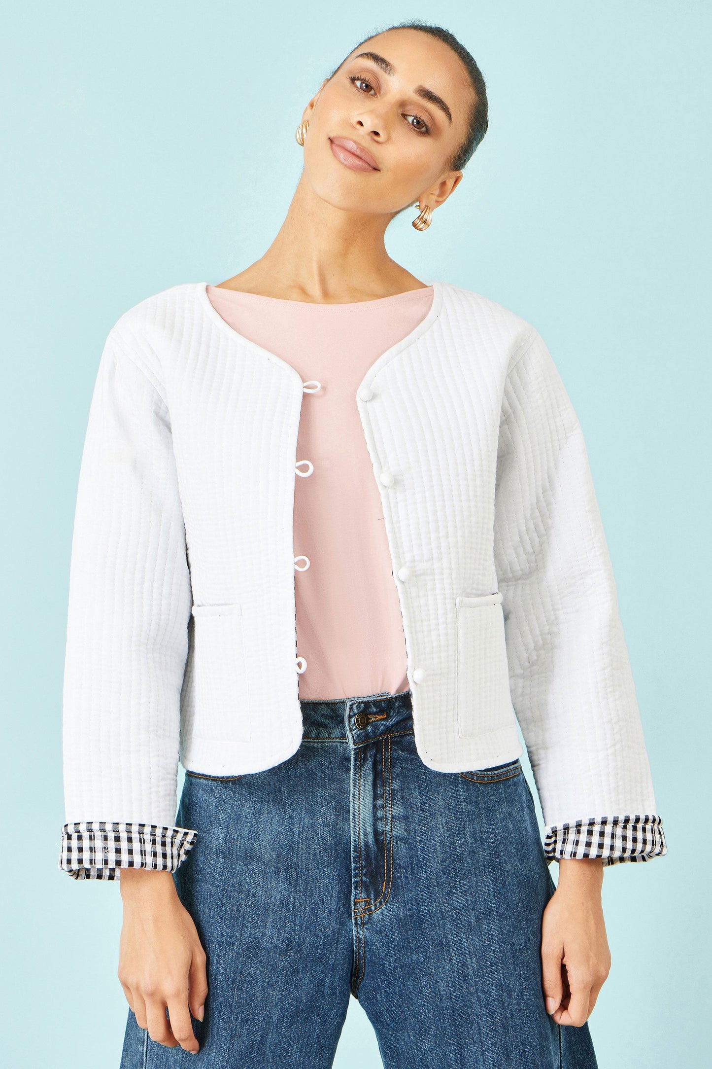 Yumi White Gingham Reversible Cotton Quilted Cropped Jacket