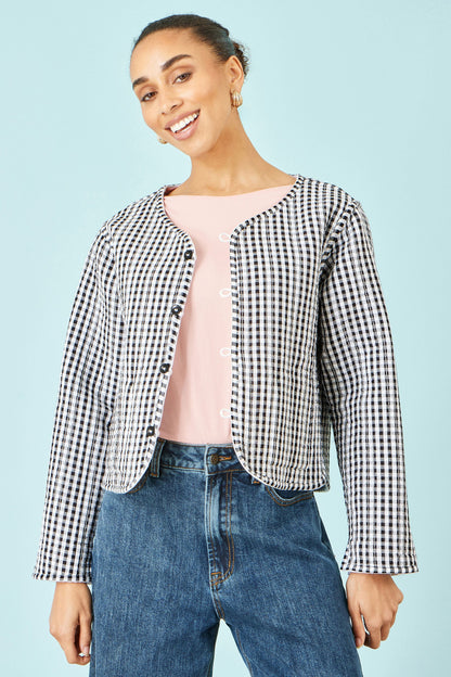 Yumi White Gingham Reversible Cotton Quilted Cropped Jacket