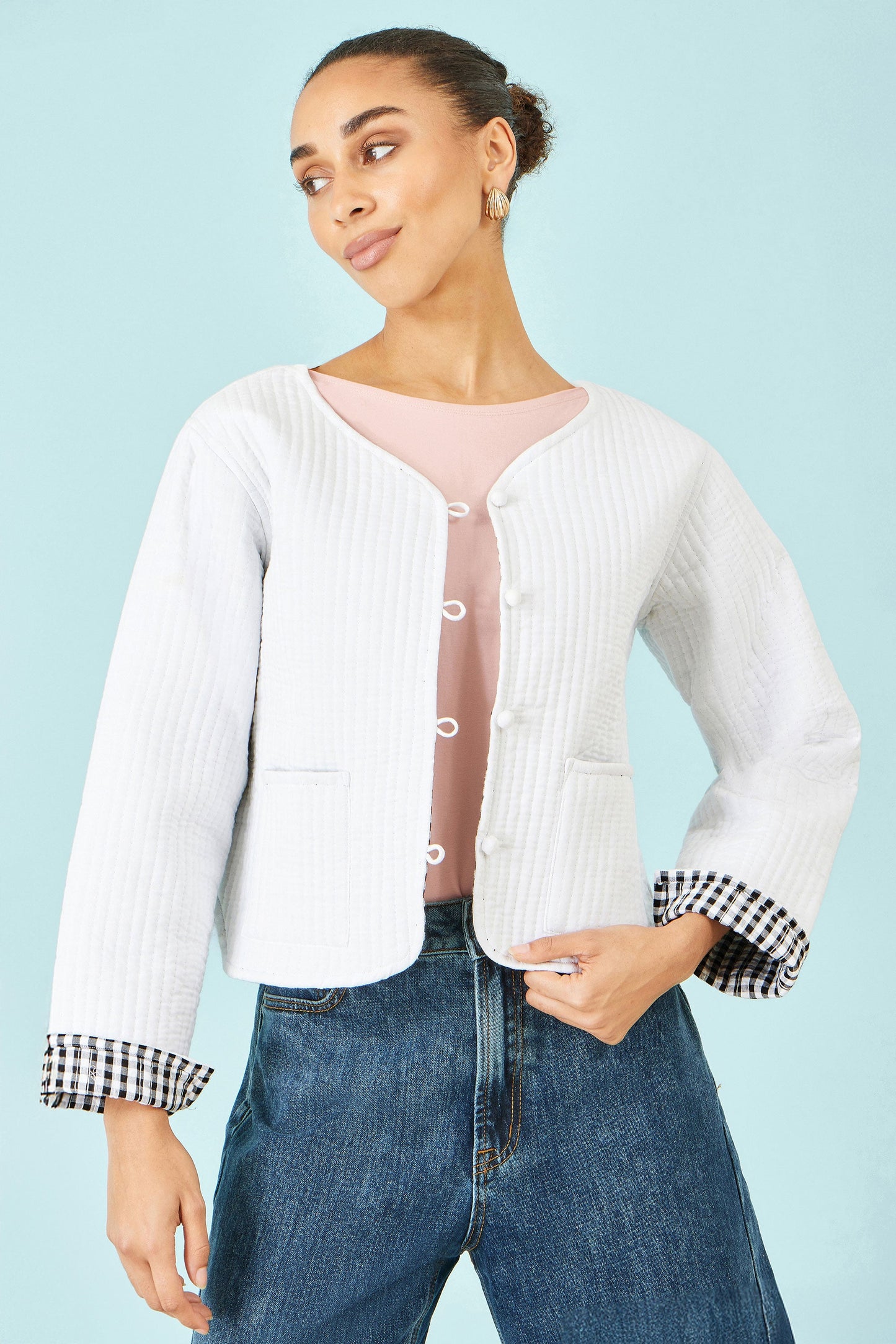 Yumi White Gingham Reversible Cotton Quilted Cropped Jacket