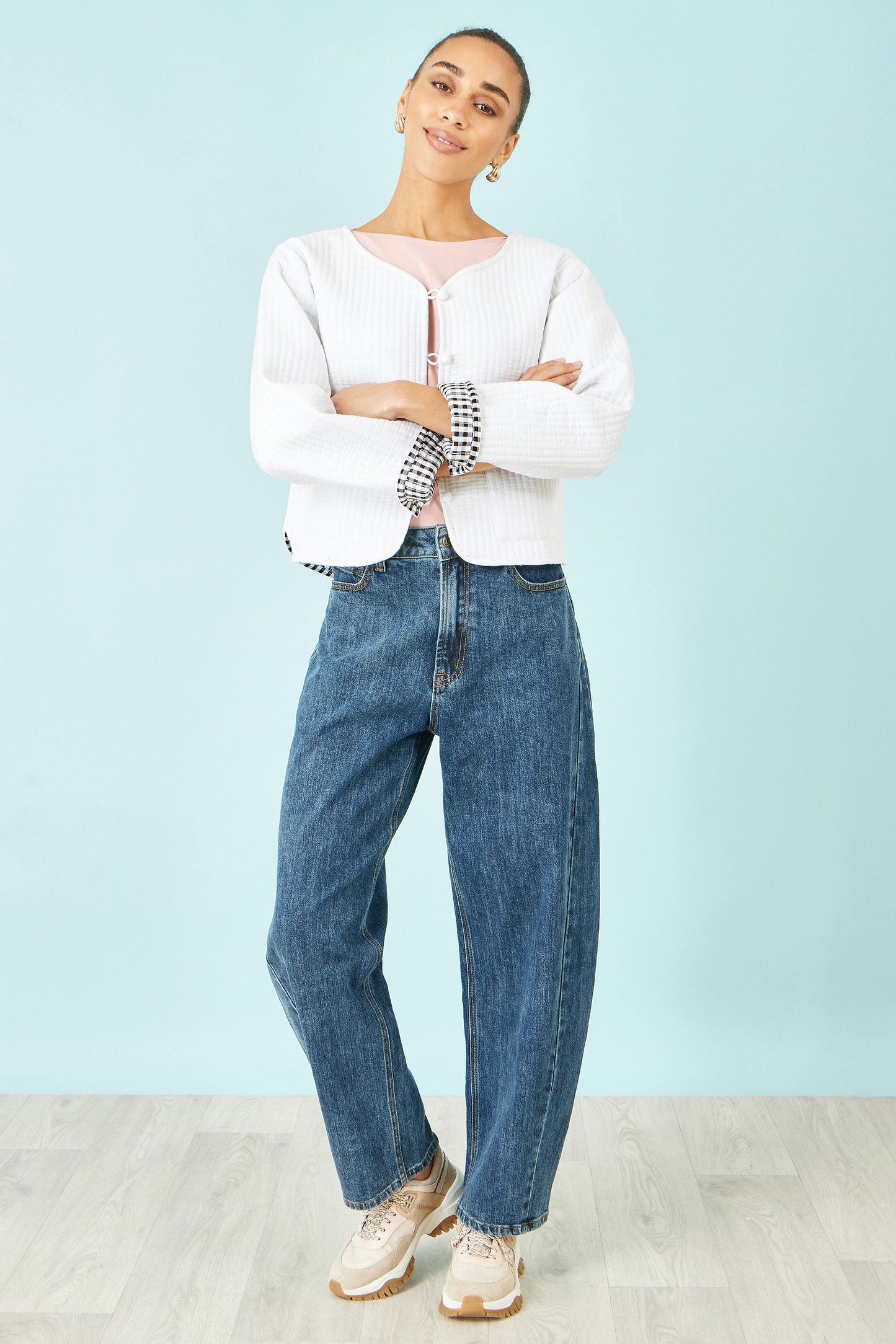 Yumi White Gingham Reversible Cotton Quilted Cropped Jacket