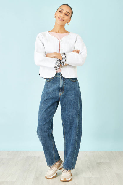 Yumi White Gingham Reversible Cotton Quilted Cropped Jacket
