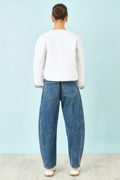 Yumi White Gingham Reversible Cotton Quilted Cropped Jacket