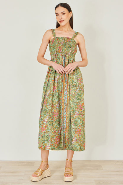 Yumi Green Foil Palm Print Ruched Maxi Dress With Border Detail