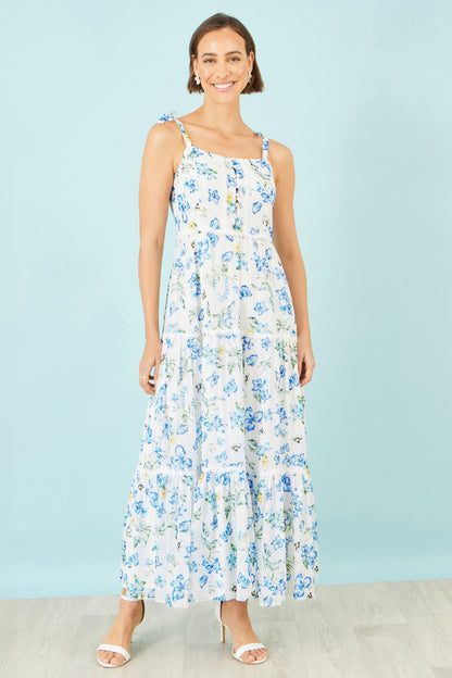 Yumi White Butterfly Print Lace Trim Maxi Dress