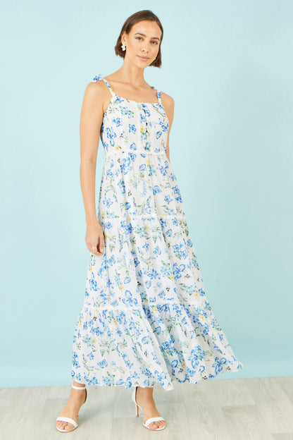 Yumi White Butterfly Print Lace Trim Maxi Dress