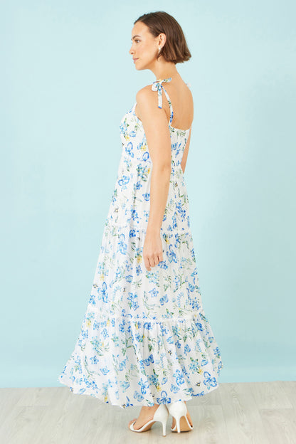 Yumi White Butterfly Print Lace Trim Maxi Dress