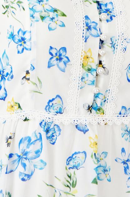 Yumi White Butterfly Print Lace Trim Maxi Dress