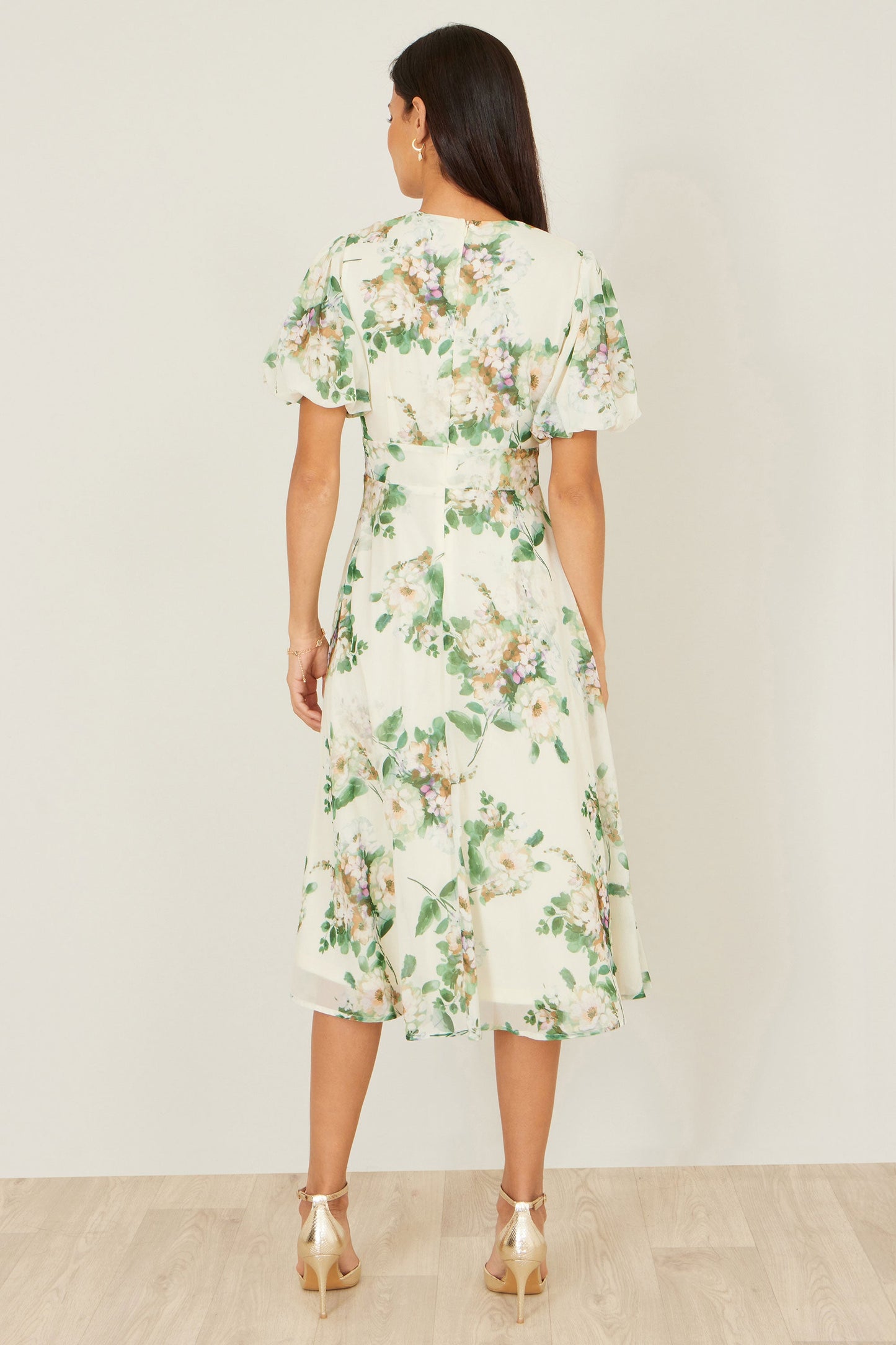 Yumi Ivory Floral Tea Dress With Front Ties
