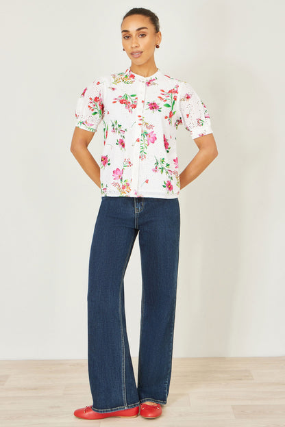 Yumi White Cotton Broderie Anglaise Floral Shirt