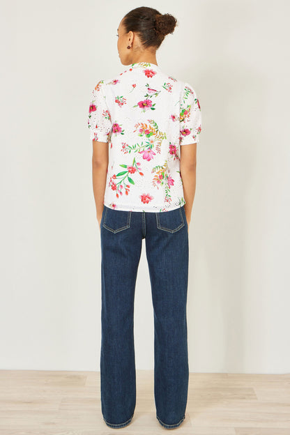 Yumi White Cotton Broderie Anglaise Floral Shirt