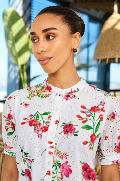 Yumi White Cotton Broderie Anglaise Floral Shirt