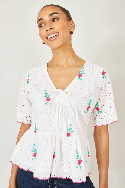 Yumi White Cotton Broderie Anglaise Embroidered Tie Top