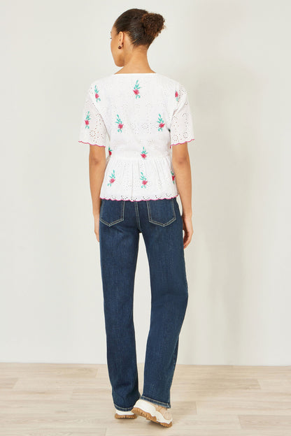 Yumi White Cotton Broderie Anglaise Embroidered Tie Top