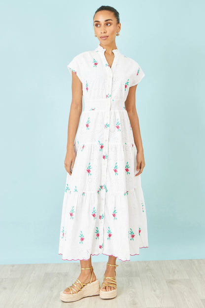 Yumi White Cotton Broderie Anglaise Embroidered Midi Dress