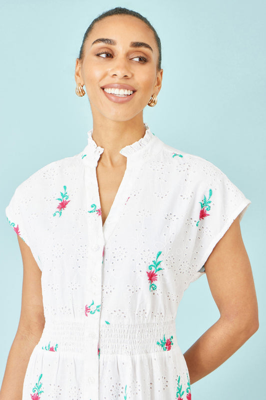 Yumi White Cotton Broderie Anglaise Embroidered Midi Dress