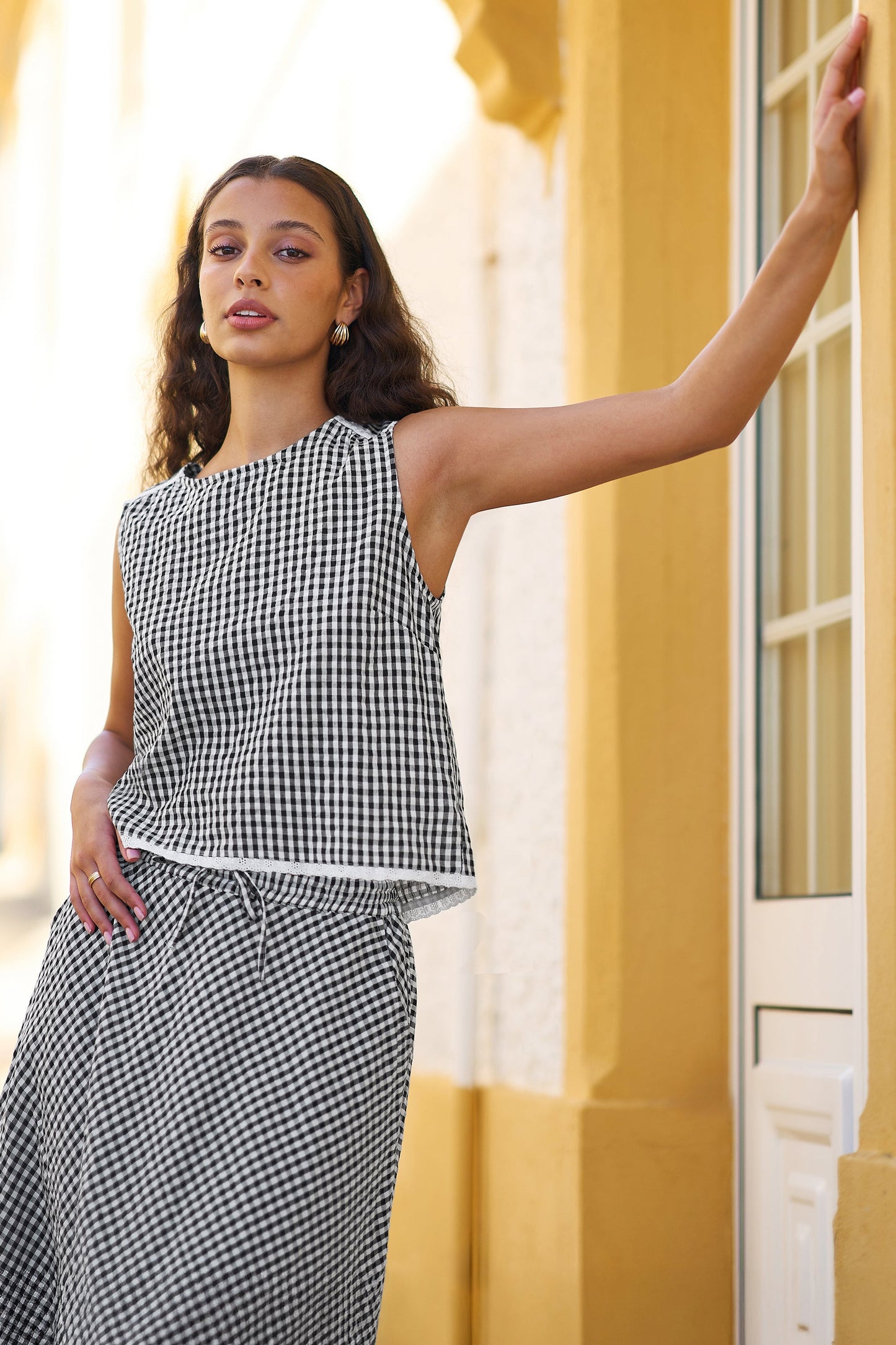 Yumi Black Gingham Cotton Midi Skirt