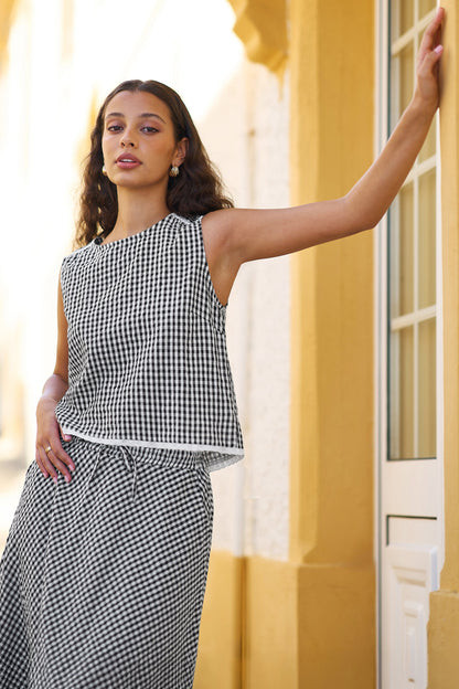 Yumi Black Gingham Cotton Midi Skirt