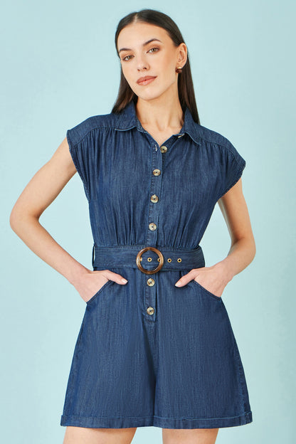 Yumi Blue Chambray Cotton Playsuit