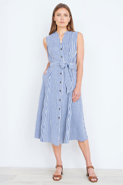 Yumi Navy Stripe Midi Sleeveless Shirt Dress