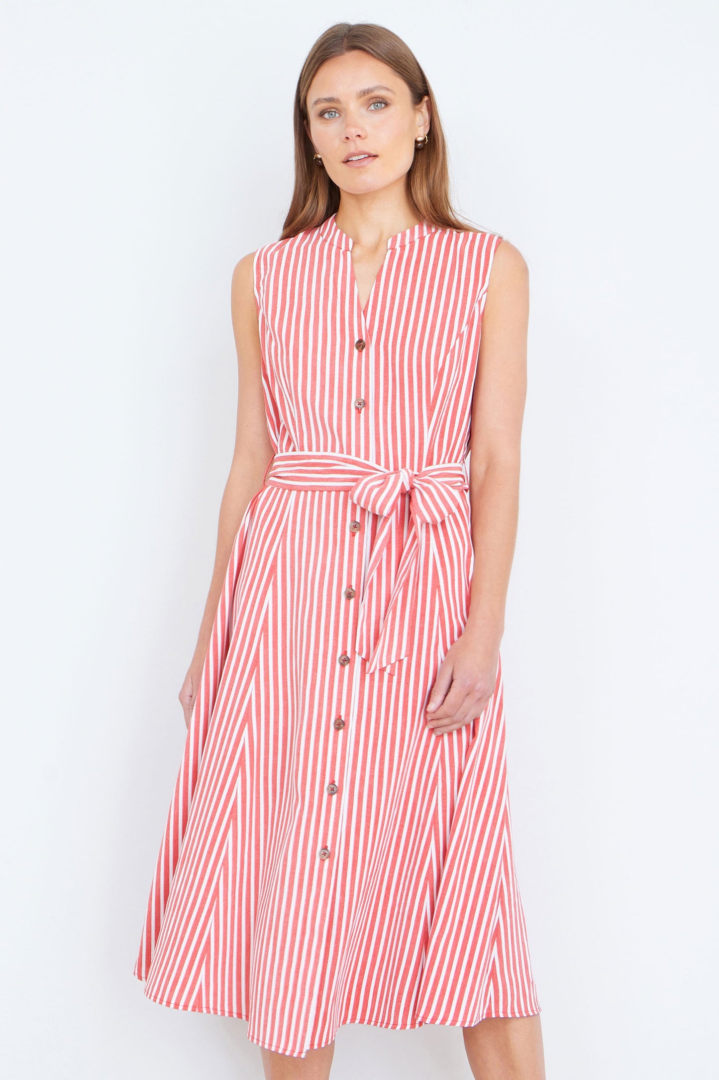 Yumi Red Stripe Midi Sleeveless Shirt Dress