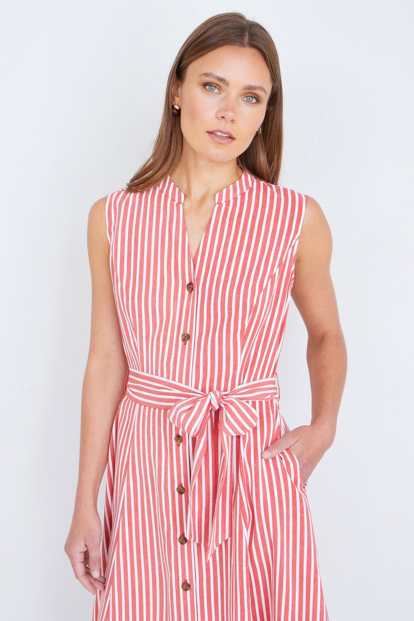 Yumi Red Stripe Midi Sleeveless Shirt Dress
