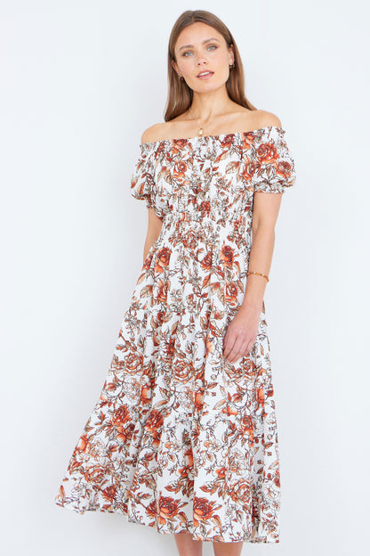 Yumi Orange Floral Ruched Waist Midi Dress