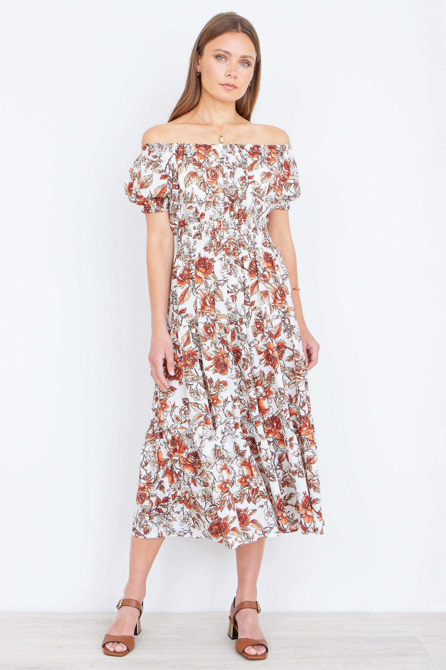Yumi Orange Floral Ruched Waist Midi Dress