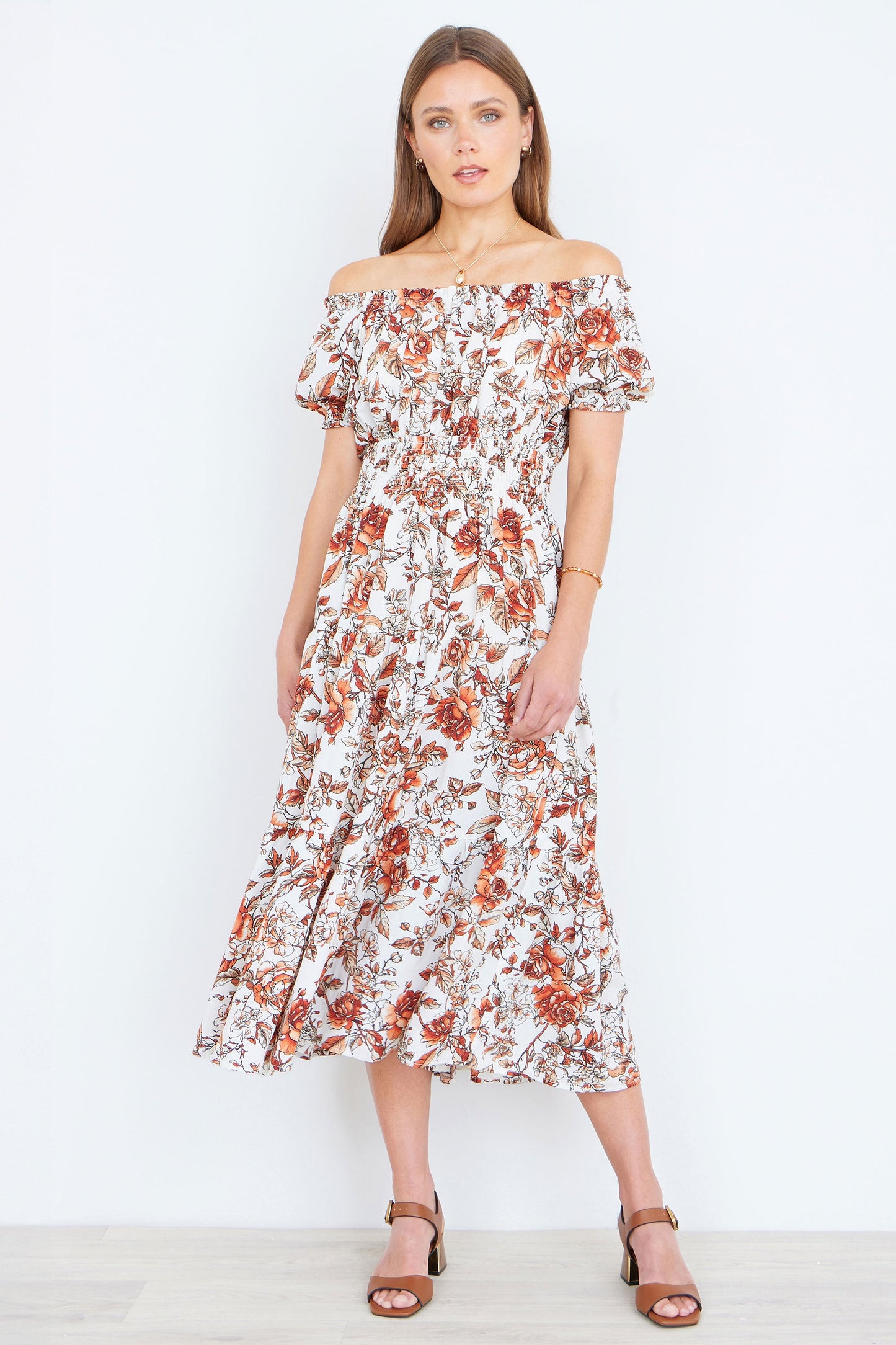 Yumi Orange Floral Ruched Waist Midi Dress