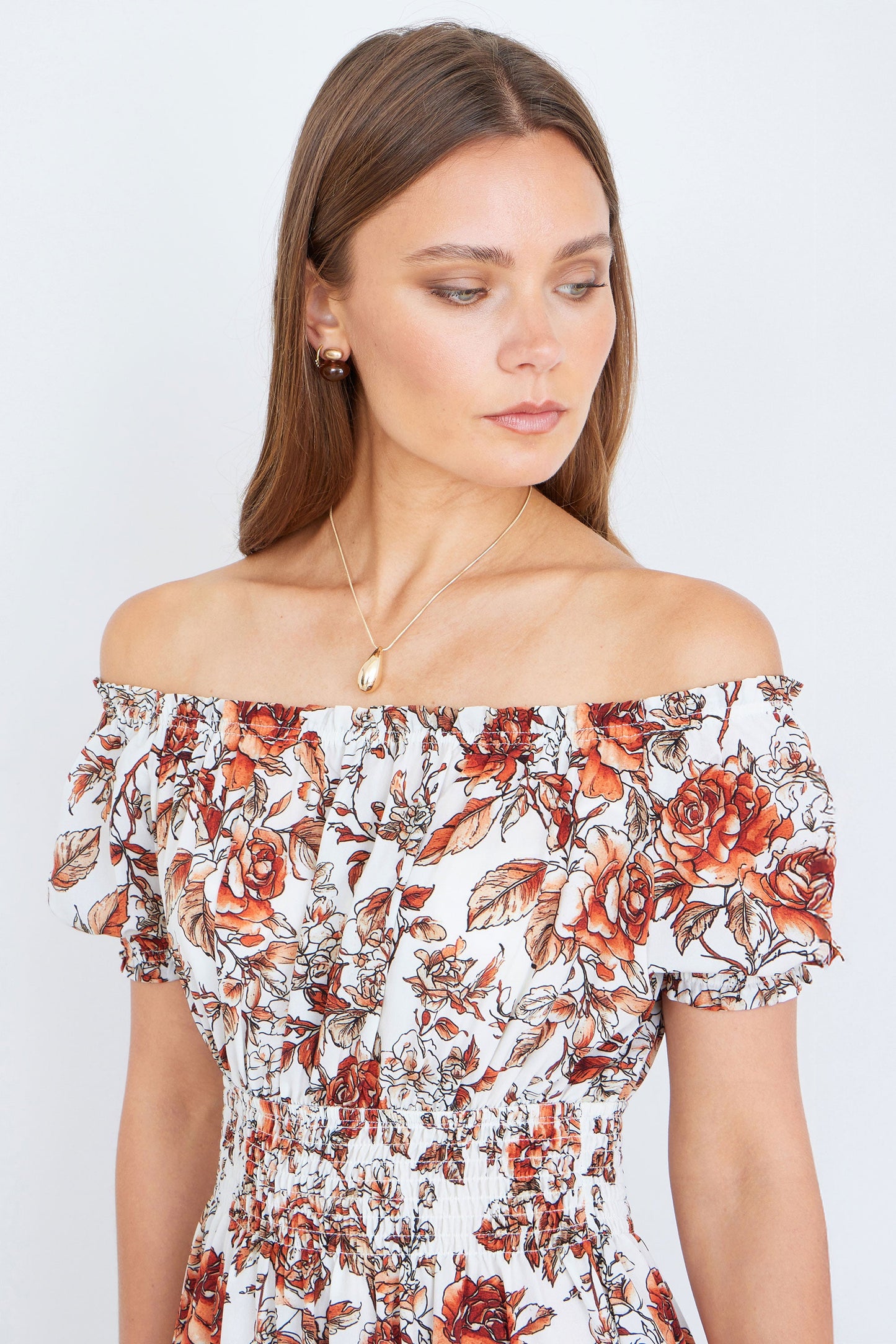 Yumi Orange Floral Ruched Waist Midi Dress